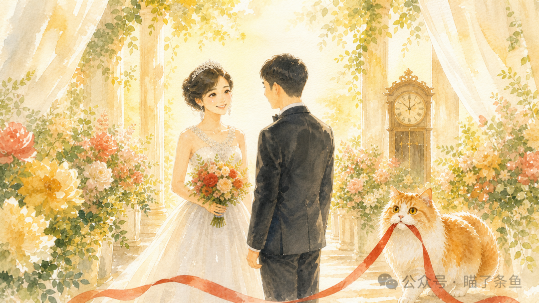 猫与婚礼红丝带