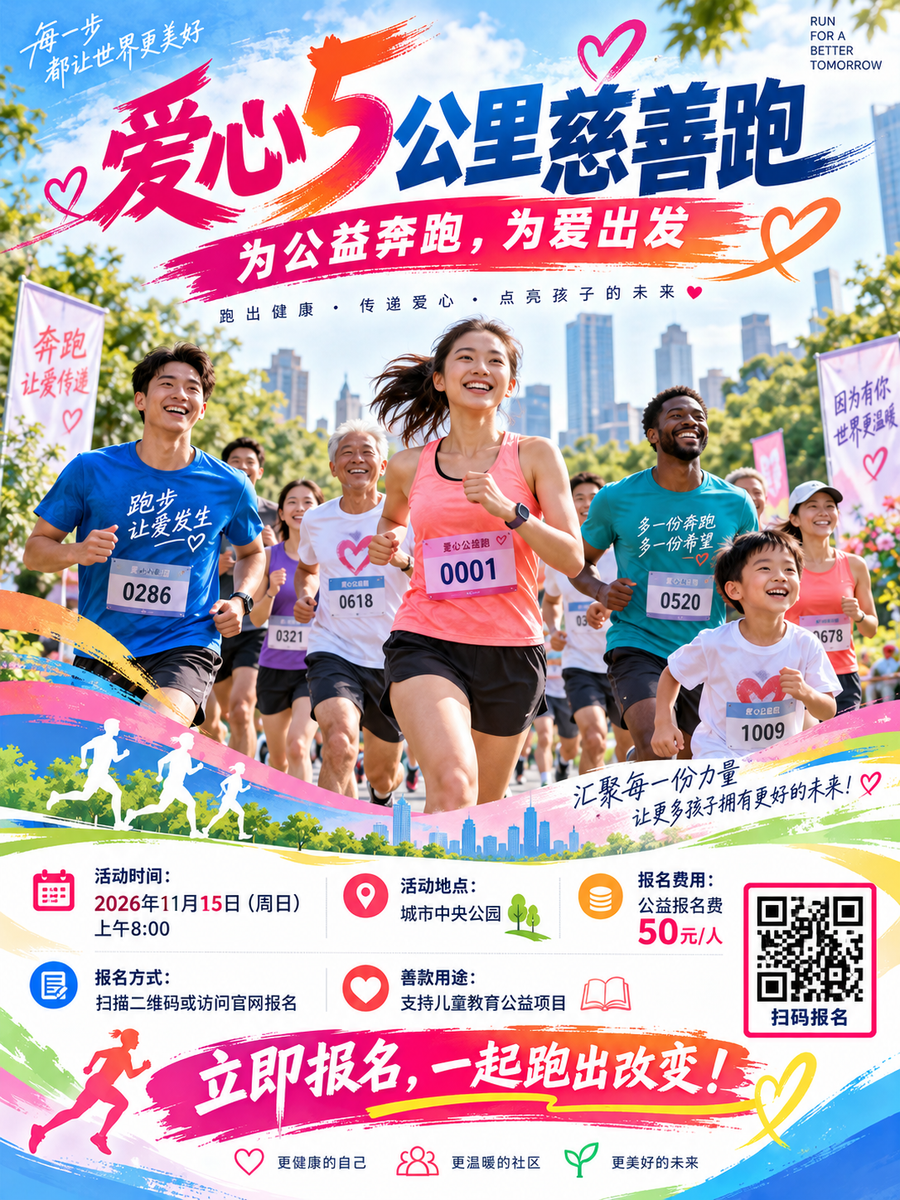 活力公益爱心五公里慈善跑活动宣传海报/gpt生图
